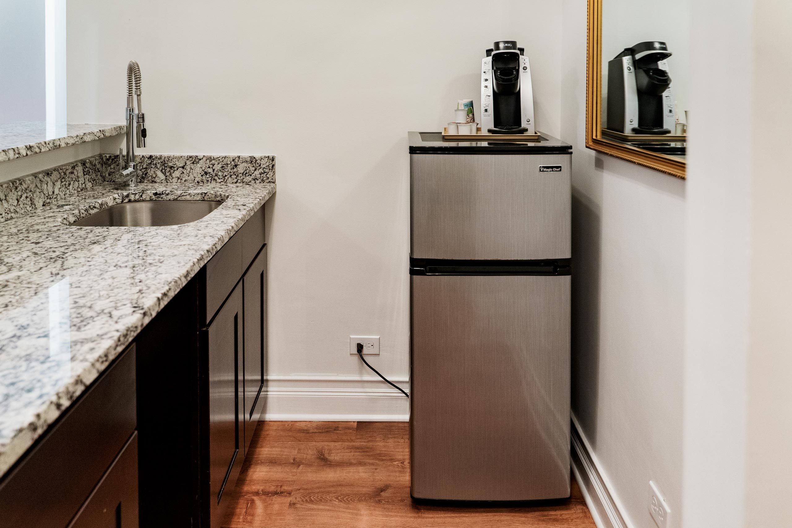 Mini refrigerator, coffee machine and sink